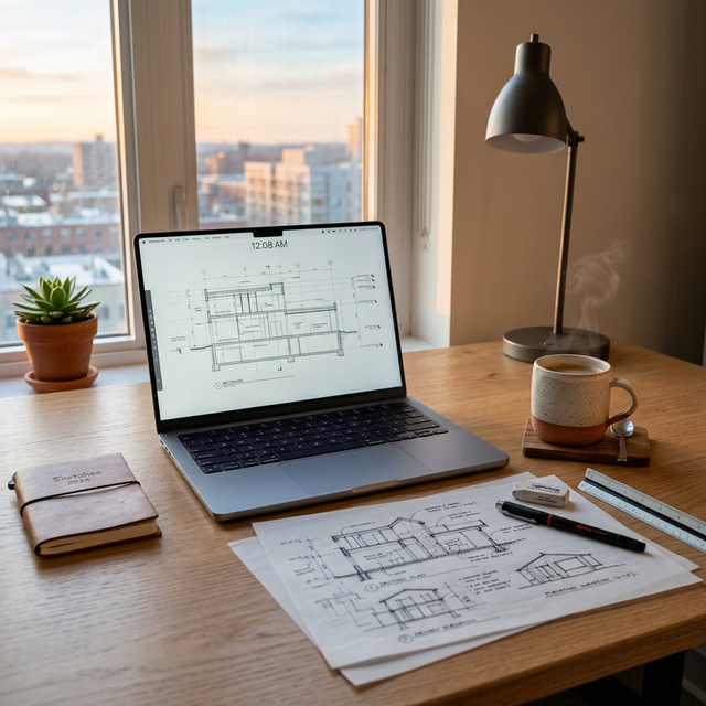 Clean desk with architectural sketches