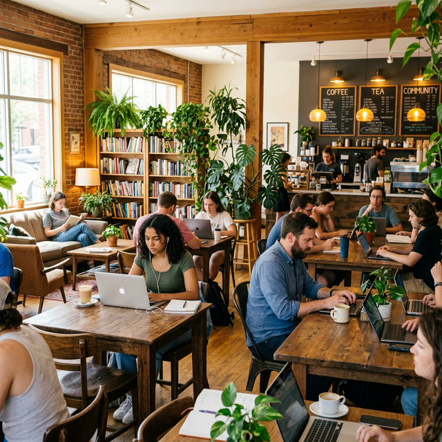 Sunny cafe library with people working