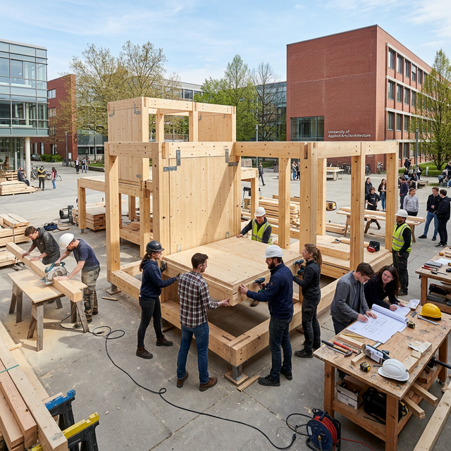 Students building modular wooden structure